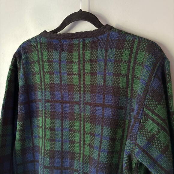 Vintage TALLY HO Women's Med Green Blue Plaid Tartan Wool Blend Cardigan Preppy - Picture 8 of 11